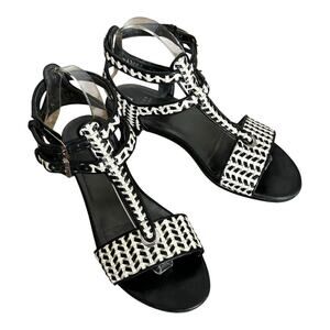 Stuart Weitzman Pasoartsy Braided Leather Sandal Black White Gladiator Strap 8.5